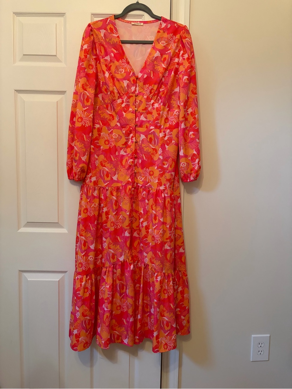 Vibrant Pink & Orange Floral V-Neck Maxi Dress